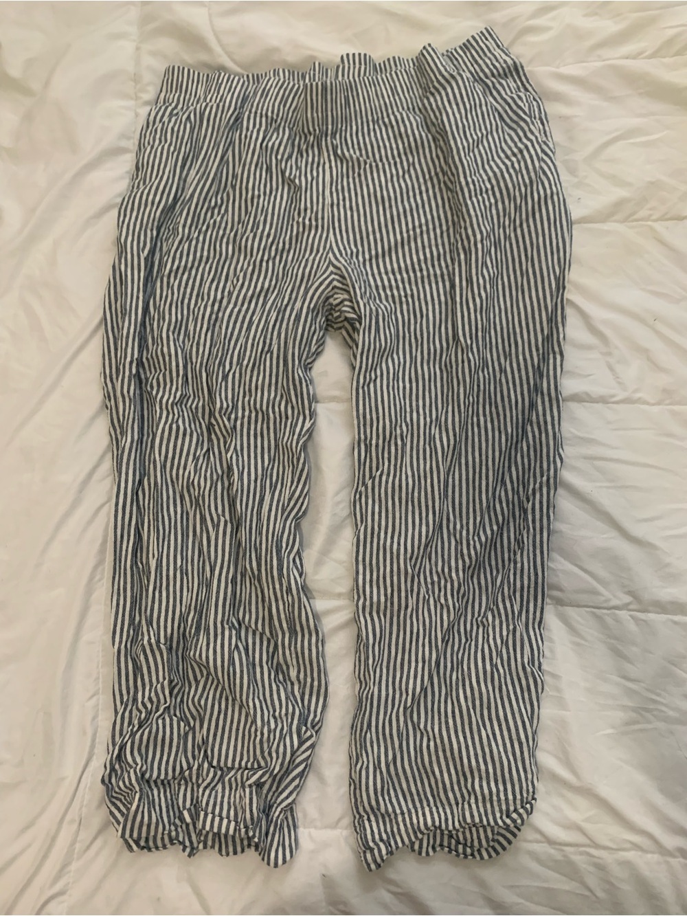 Striped Casual Linen-Blend High-Rise Women’s Pants - Blue/White